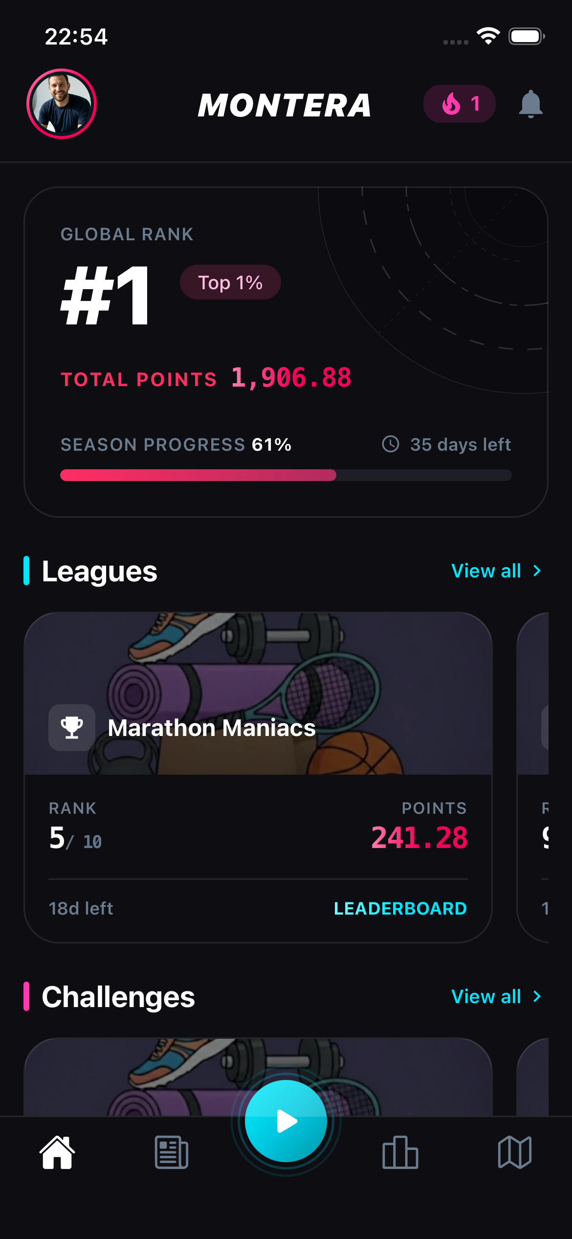 Montera app home screen showing global rank, leagues, and challenges